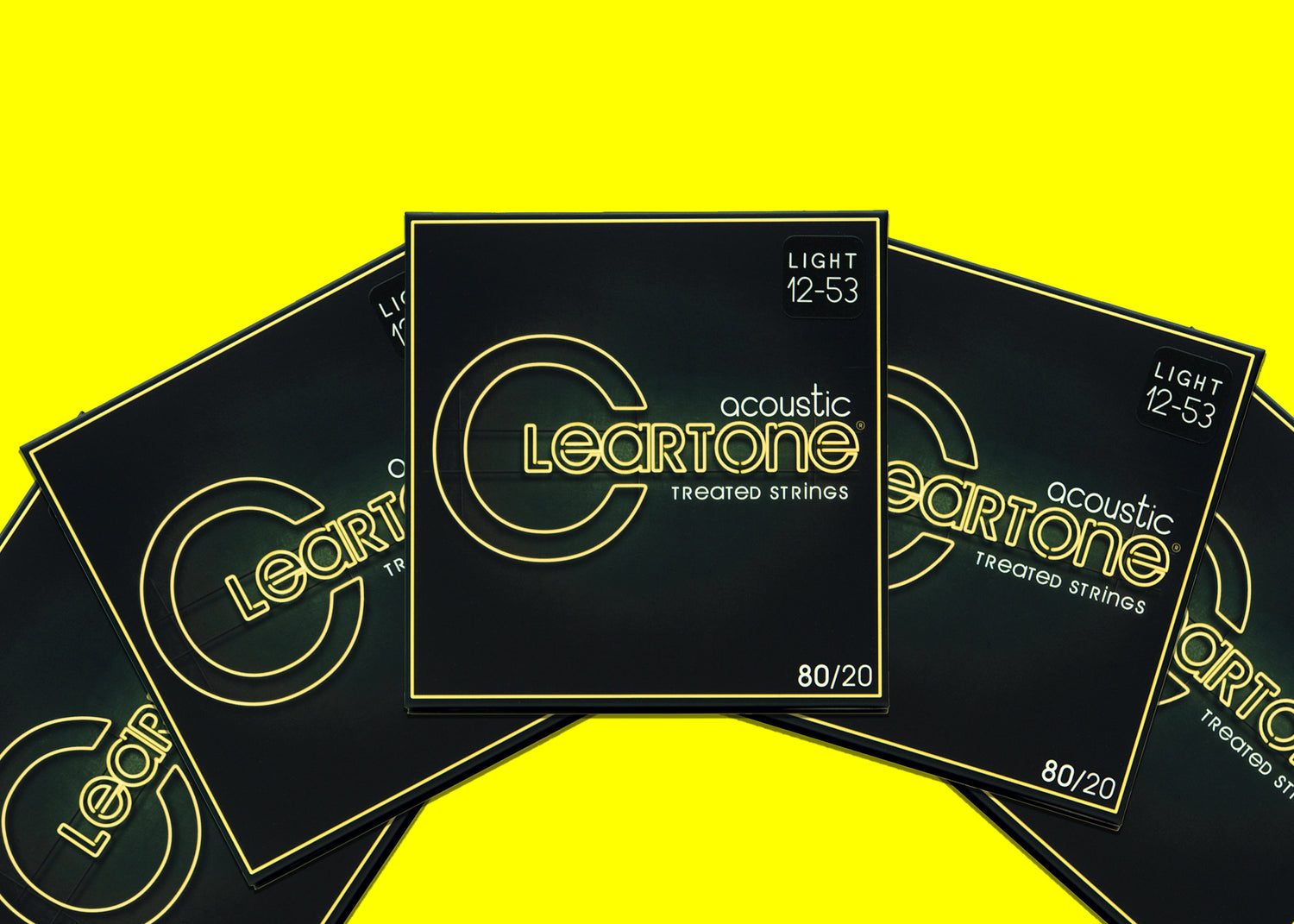 semi-circle of Cleartone acoustic guitar string packages on a yellow background