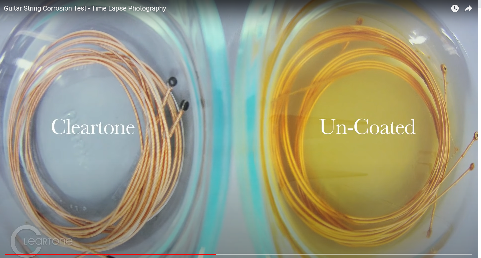 Load video: Time-lapse video of a corrosion test conducted by submerging Cleartone coated guitar strings in water alongside a set of uncoated guitar strings, which shows the uncoated strings becoming visibly damaged, while the Cleartone set appears unaffected.